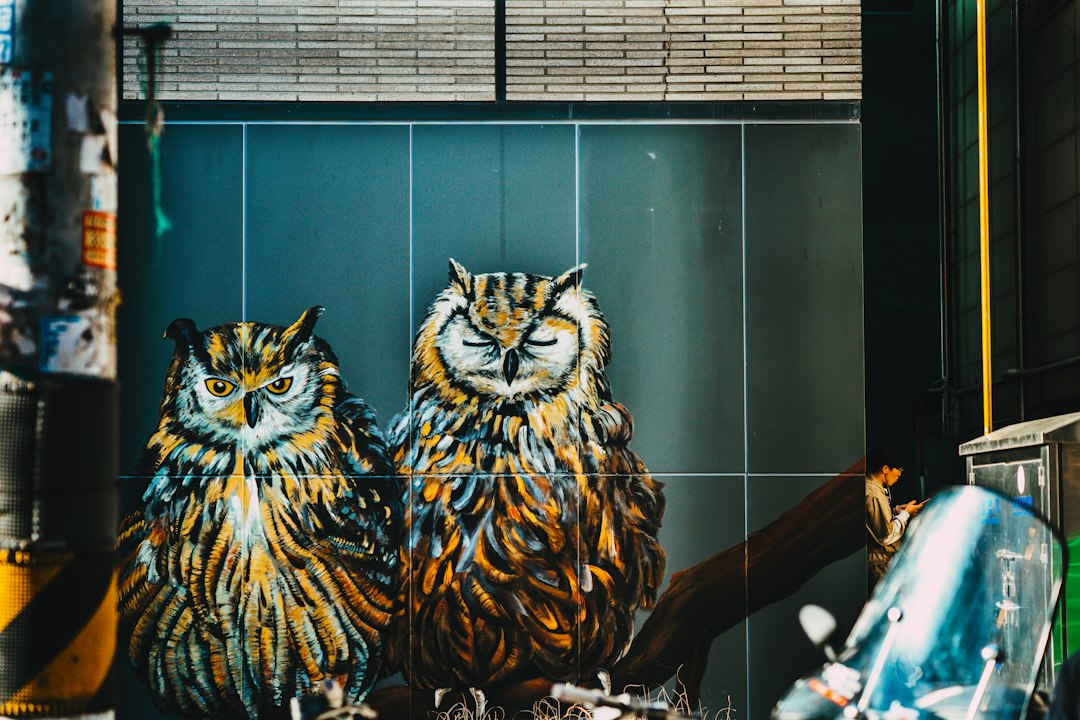 Uil sculptée en bois sur mur blanc.
